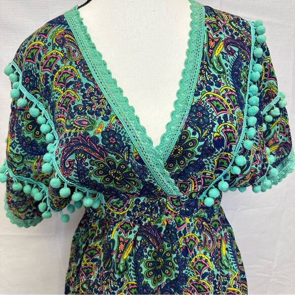 America & Beyond Small Boho Tunic | Blue & Green Paisley Print - Picture 3 of 11